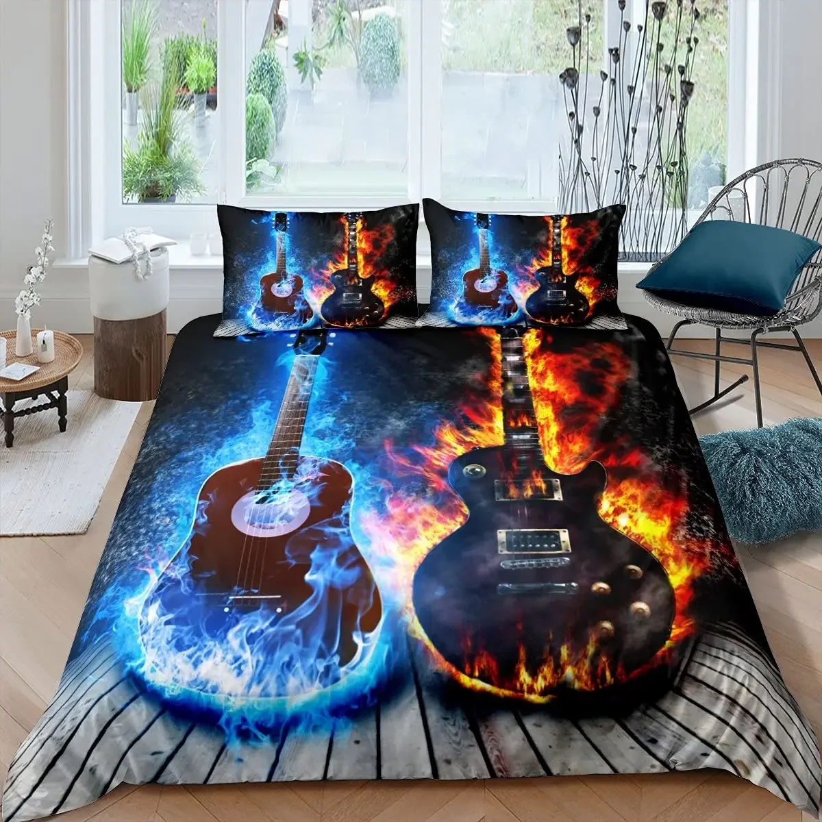 Electric Guitar King Queen Duvet Cover Stringed Instrument Bedding Set Musical Note Quilt Cover Hippie Polyester Comforter Cover