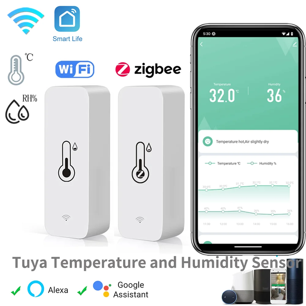 Tuya Zigbee WiFi Temperature And Humidity Sensor APP Remote Monitor For Smart Home var SmartLife WorkWith Alexa Google Assistant