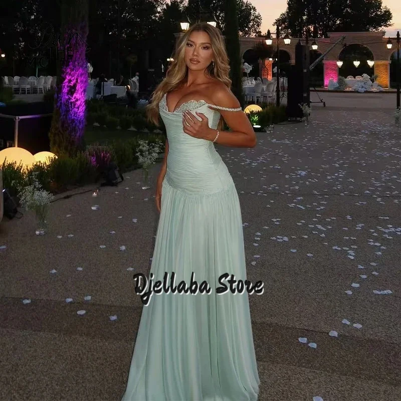 تخصيص بسيط ألف خط فساتين السهرة قبالة الكتف الطيات الطابق طول أكمام حزب أثواب فساتين السهرة #1