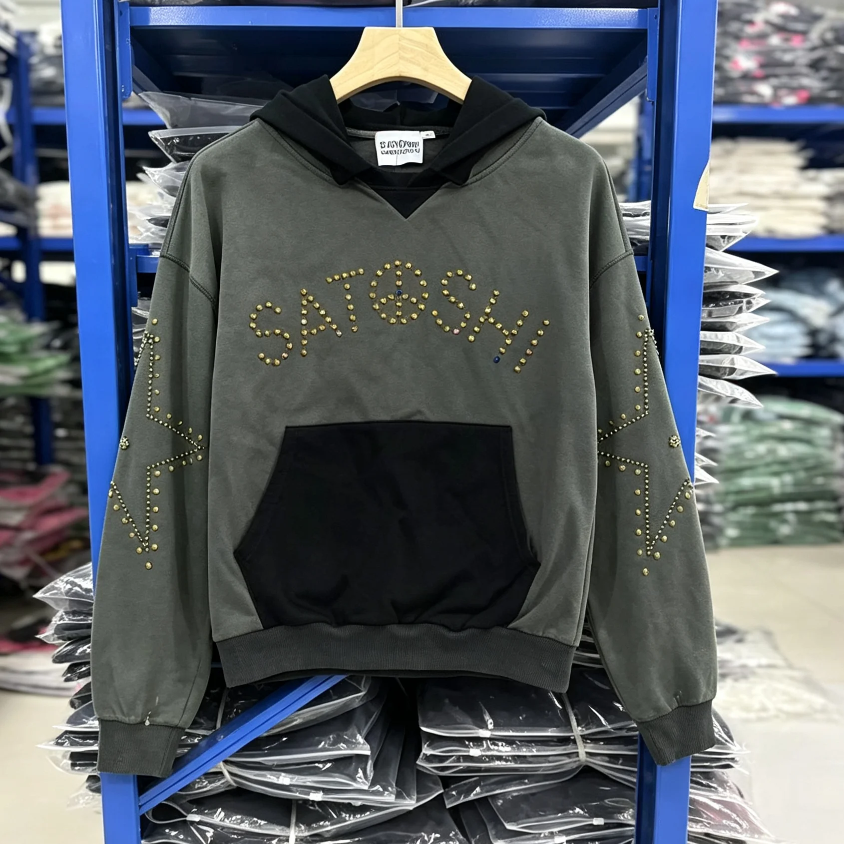 American High Street SATOSHI Hooded Sweatshirts Contrast Color Rivet Letter-style Pullover Men Women Vintage Loose Hoodie