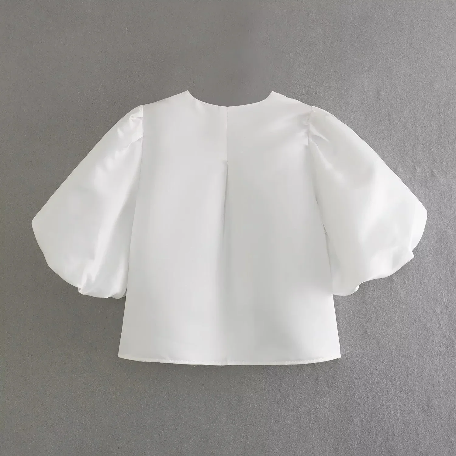 Satin Crop Top Women Puff Short Sleeve Female Shirts Summer Elegant Blouses Round Neck Loose Blouse Cut Out Cropped Blouses