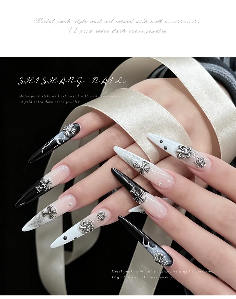 12 Fächer/60 Stück Goth-Punk-Nagelcharms, Nieten im dunklen Vintage-Stil, Kreuz-Nagelkunst-Applikationen, Y2k Premium Metall-Stil Nagel-Metalldekorationen – Detail 6