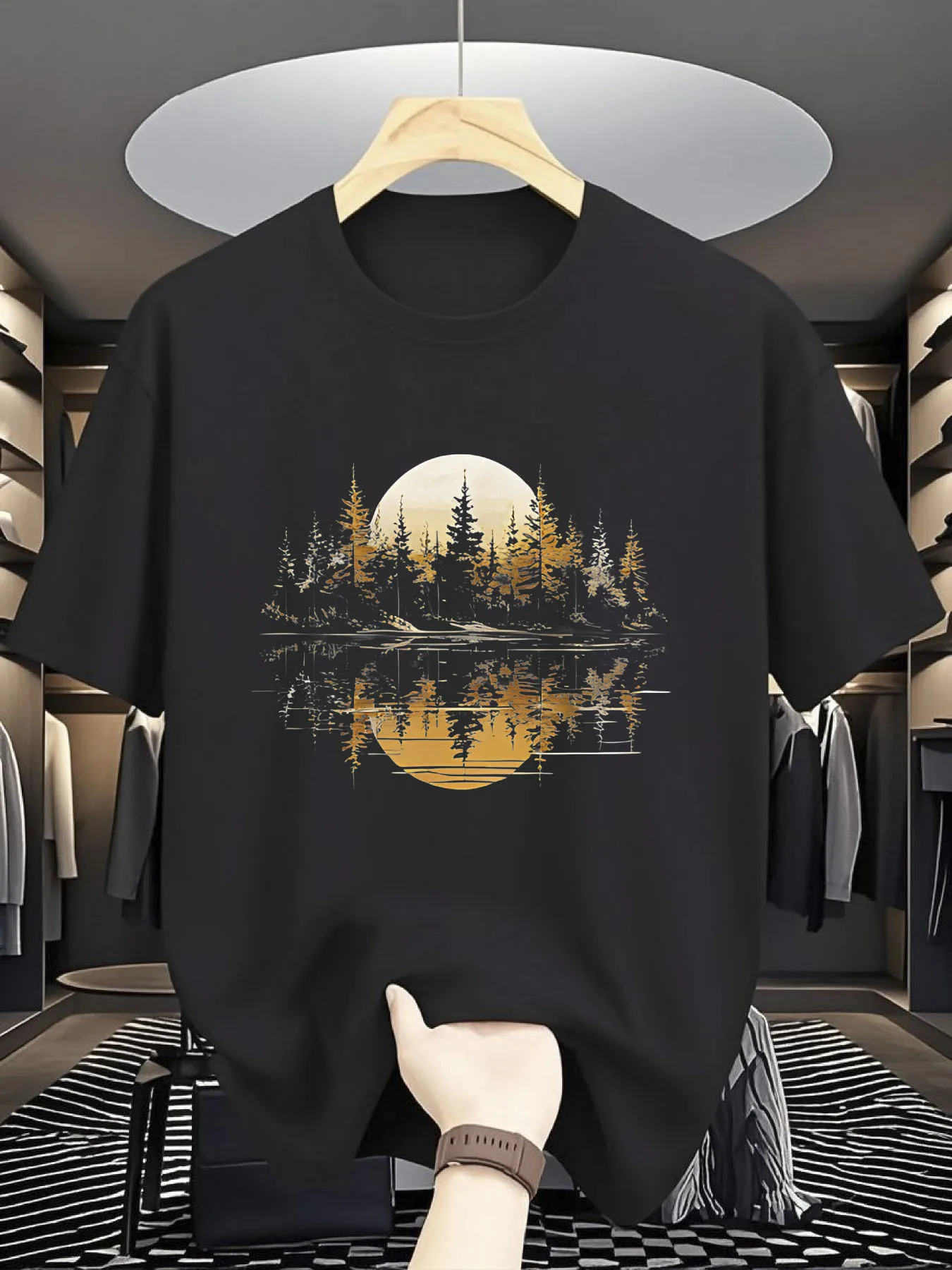 Men's 180g Heavy Solid Color T-Shirt - Sunset Forest Reflection Print, Gold Birch and Mountain Lake Design, Bright Red Casual Crew Neck Short Sleeve, Four Seasons Comfort Edition, Machine Washable, Ideal Gift for Outdoor and Casual Clothing