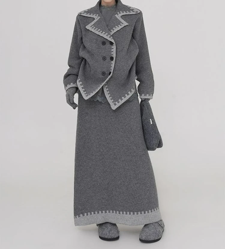 Grey Thick Sweater Set for Women's Autumn and Winter New Loose Knitted Cardigan Half Body Long Skirt Two-piece Set