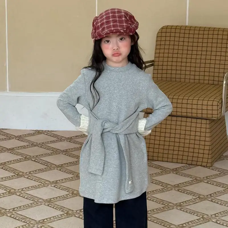 

2025 Winter New Girls Long Sleeve Dress Solid Children O-neck Woolen Bottoming Dress Fashion Sash Kids Girls Warm Dress