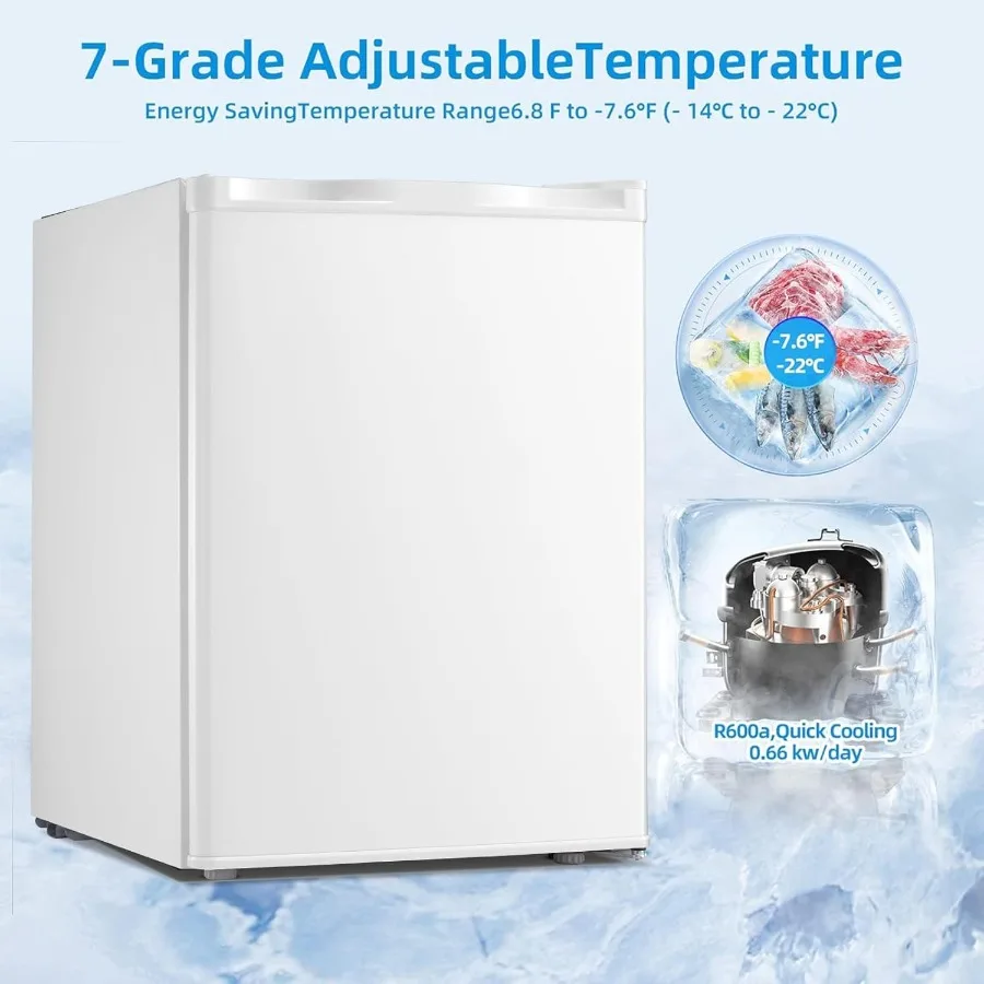 2.1 Cu.ft Small Upright Freezer Compact Mini Freezer with Removable Shelves Adjustable Thermostat Reversible Door Hinge Quiet O