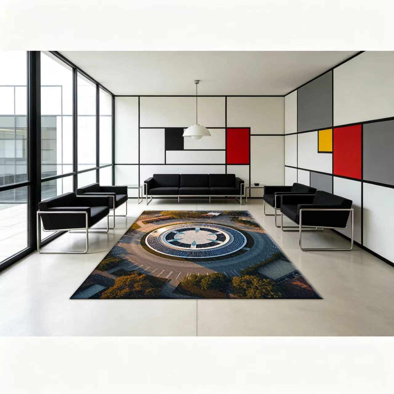 Panoramic Circular Modern Architectural Carpet Flooring Futuristic Solar-Powered Building Non-Slip Floor Mat