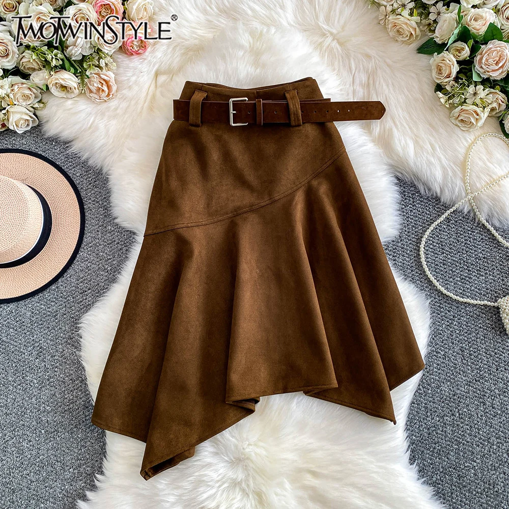 TWOTWINSTYLE Vintage Solid Suede Fabric Skirts For Women High Waist Autumn Temperament Irregular Ruffle Skirt Female KSK553267