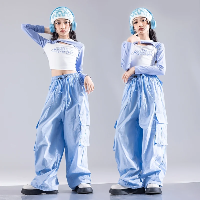 Urban Dance Girls Clothes Hip-hop Outfits Long Sleeve Top Blue Cargo Pants Kids Jazz Dance Costume Catwalk Show Costumes DQL9960