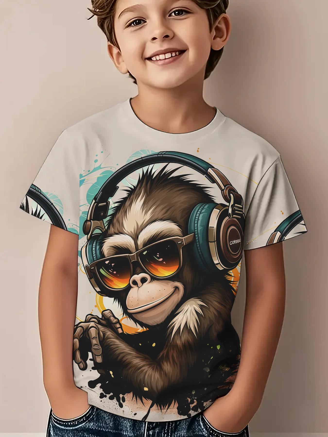 New Unique Pattern T-Shirt for Boy and Girls Fashionable Music Monkey Print Tee, Street Style Summer Short Sleeve for Daily Wear