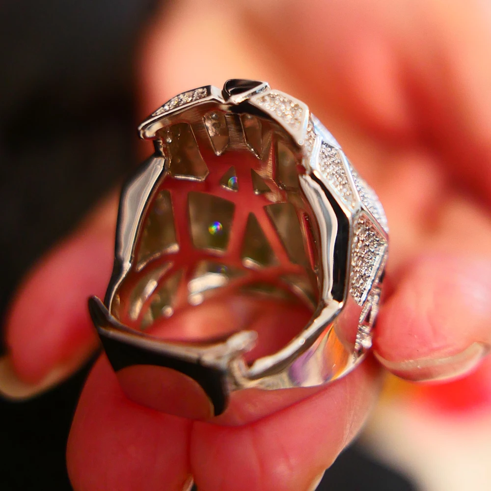 AYJEWELRY 925 Sterling Silver Green Eyes Leopard Head Rings Black spots Animal Panther Rings for Men or Women Fine Jewelry