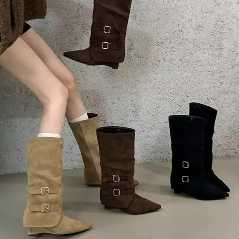 Spring Fall Winter New Pointed Toe No Knee Metal Belt Buckl…