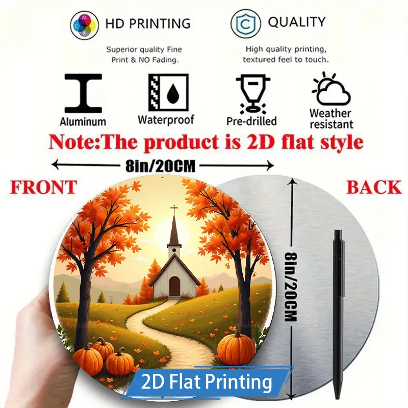 ป้ายโลหะ [2D FLAT] 1 ชิ้น ขนาด 8x8 นิ้ว ลายฉากโบสถ์ฤดูใบไม้ร่วง งานศิลปะตกแต่งผนังโลหะพิมพ์ลายแบบแบน 2D