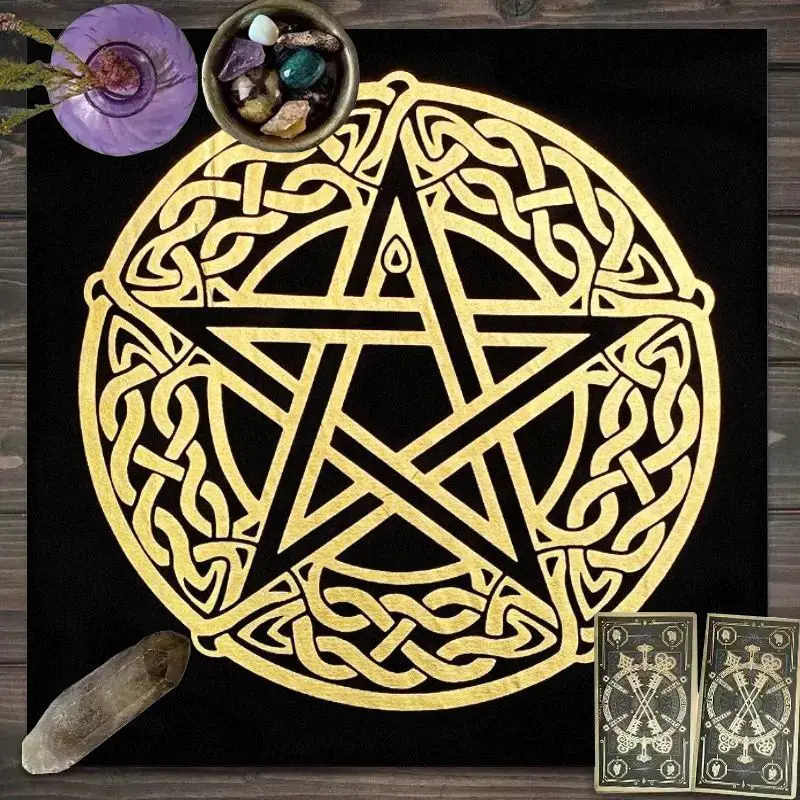 VIKAMA Black Gold Pentagram Four Elements Tarot Tablecloth, Mystical Divination Altar Cloth Ritual for Spiritual Decor