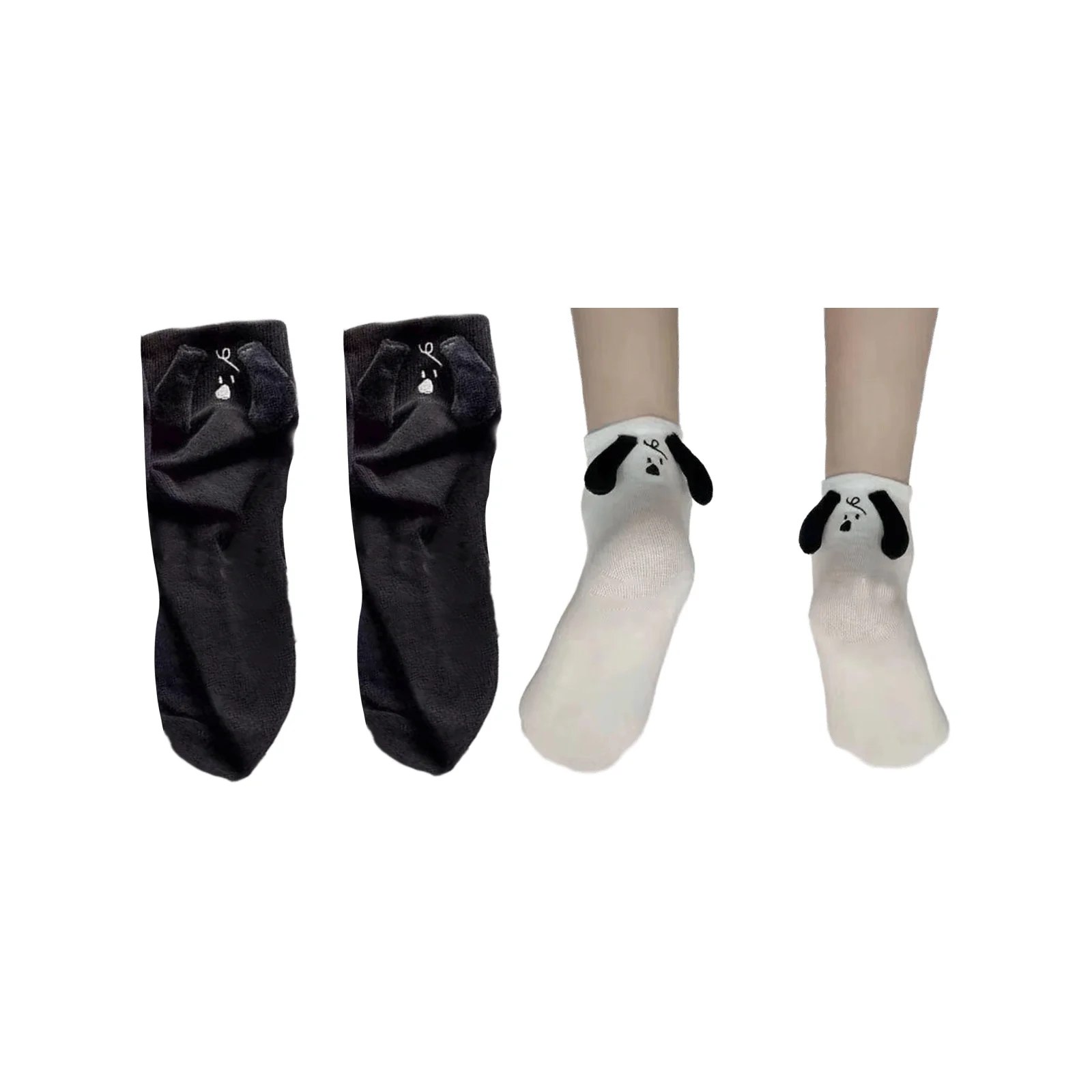 Three-dimensional black ear puppy mid-calf socks - 1 pair each of black + white