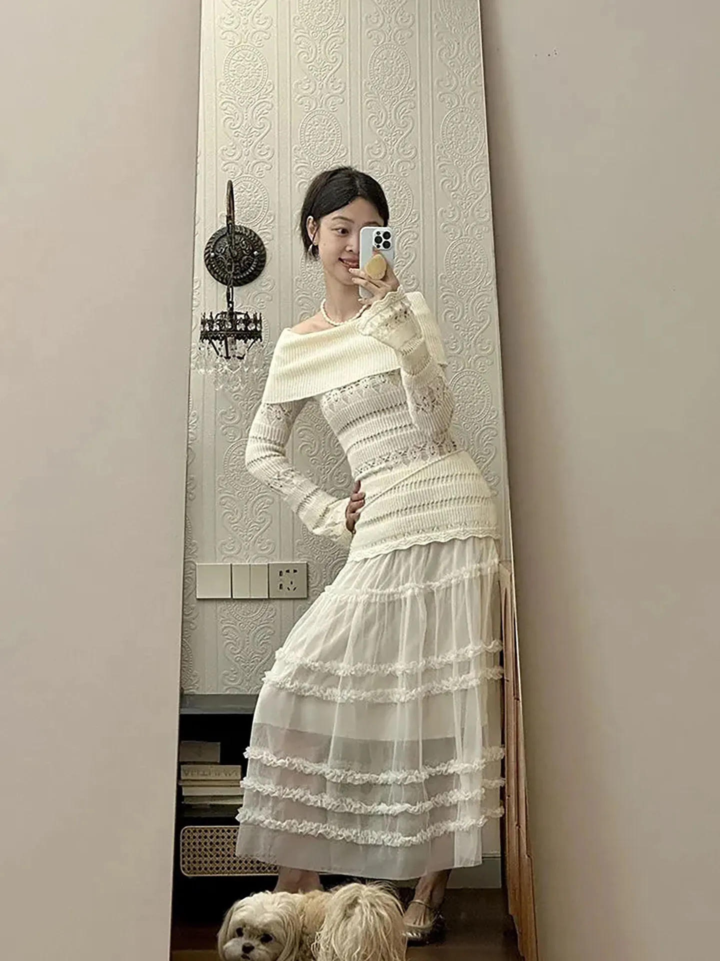 

Elegant Spring Commute Women's Outfit 2026 New Hollow out Waist-Cut Long Skirt Set Ultra-Fairy Tale Mesh Top Short Knitwear