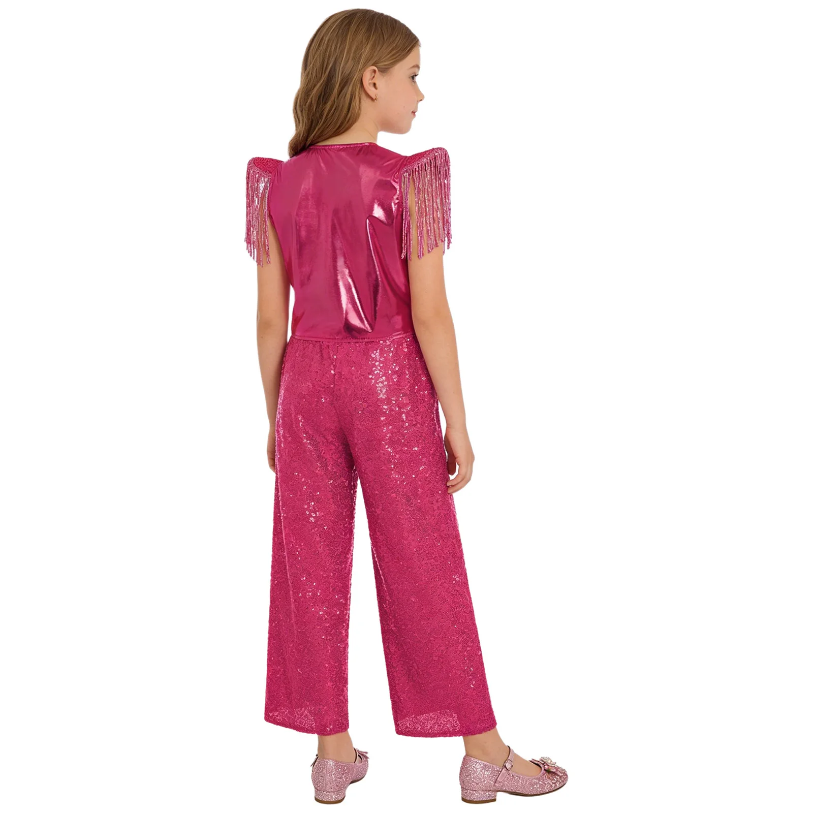 Kids Girls Metallic Shiny Disco Jazz Dance Outfit Tassels Cap Sleeves Sparkly Sequins Vest with Pants for Hip Hop Performance