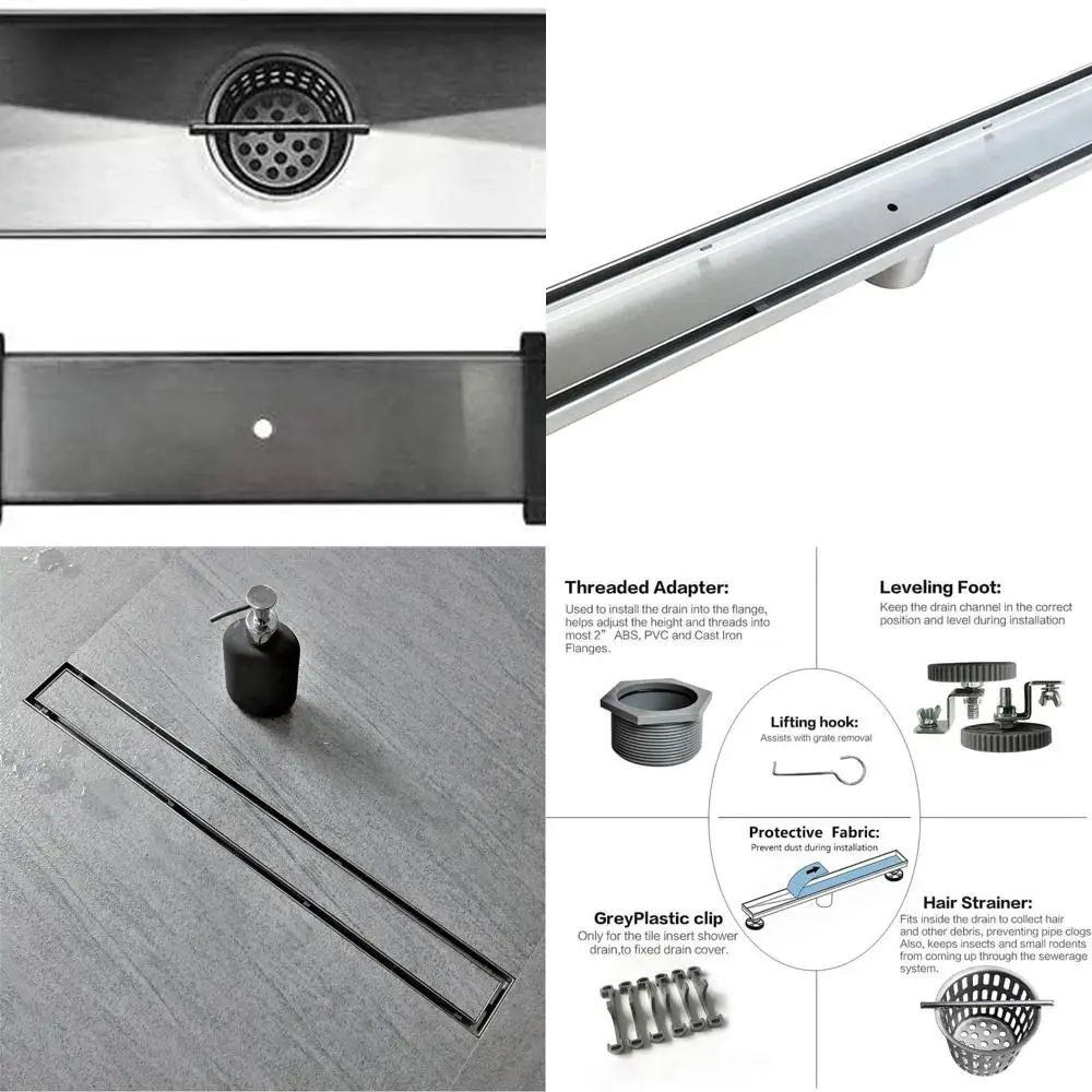 

28 Tile-Inset Linear Shower Drain in Brushed 304 Stainless Steel with Adjustable Feet and Hair Catcher