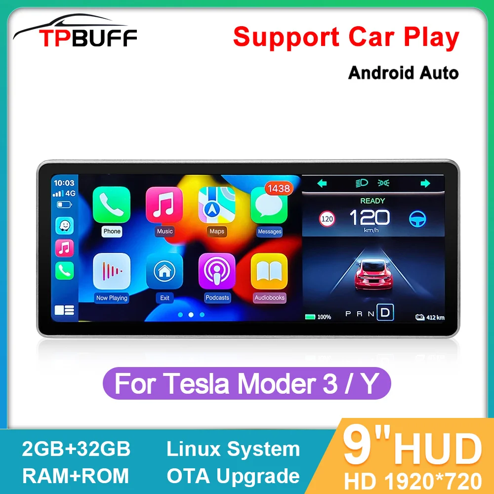 TPBUFF 9inch Head Up Display for Tesla Model 3 Y Center Console Digital Dashboard Touch Screen Linux System HUD Support Carplay