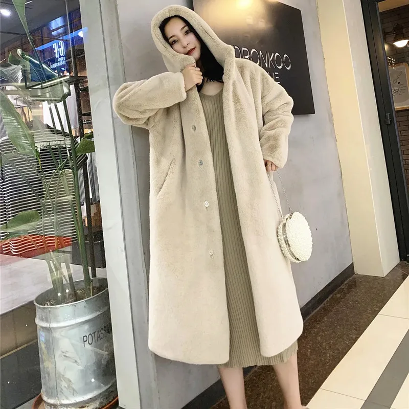 Winter Women Faux Rabbit Fur Coat Luxury Long Fur Coat Hooded OverCoat Warm Plus Size Female Plush Woman Coats Fluffy Jacket