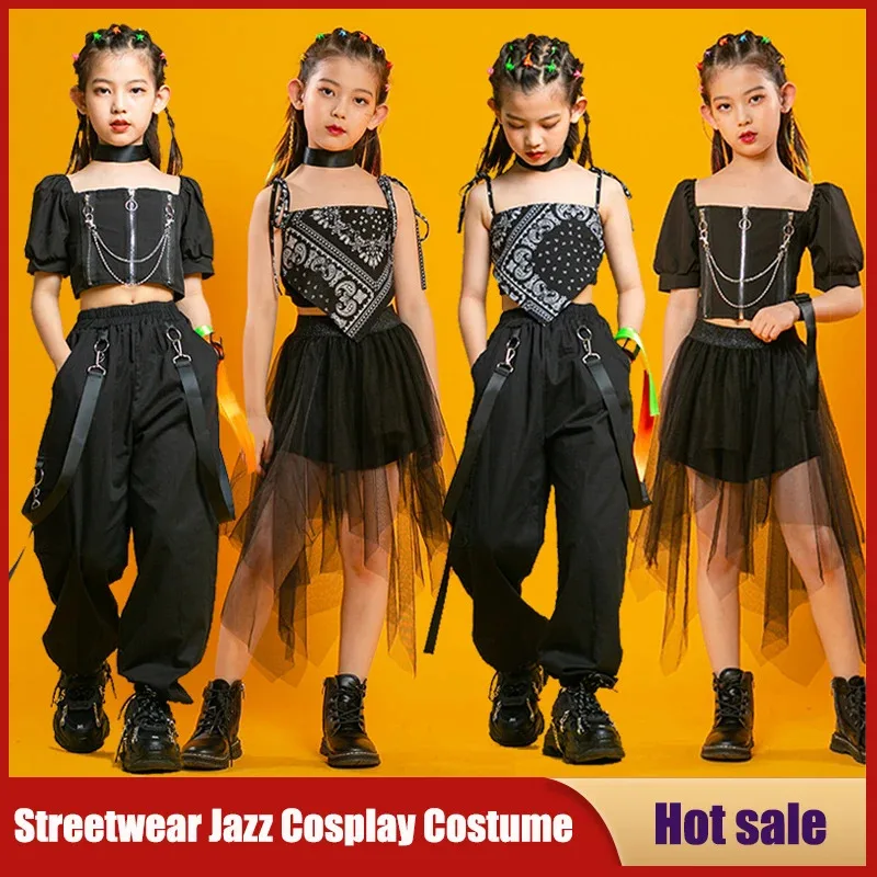 

Kids Punk Streetwear Jazz Costume Girls Hip Hop Clothing Crop Top Cargo Pants Neck Mesh Skirt Sets Teenage Street Dance Clothes
