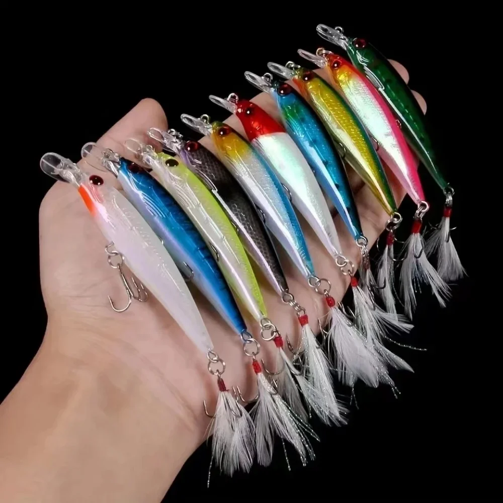 10pcs Larser Minnow Fishing Lures Set Catch Bass Faster with Feather Hook Artificial Bait Crankbait 9cm/7g image 3