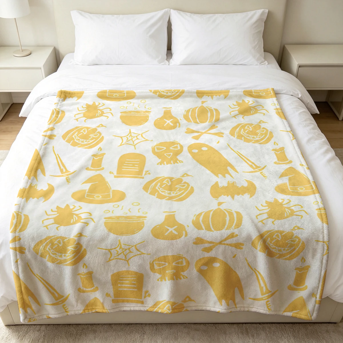 White Yellow Pumpkin Bat Winter Summer Flannel Blanket Throw Fleece Soft Fuzzy Plush Cozy Fleece Blankets for Sofa Ideal Gifts