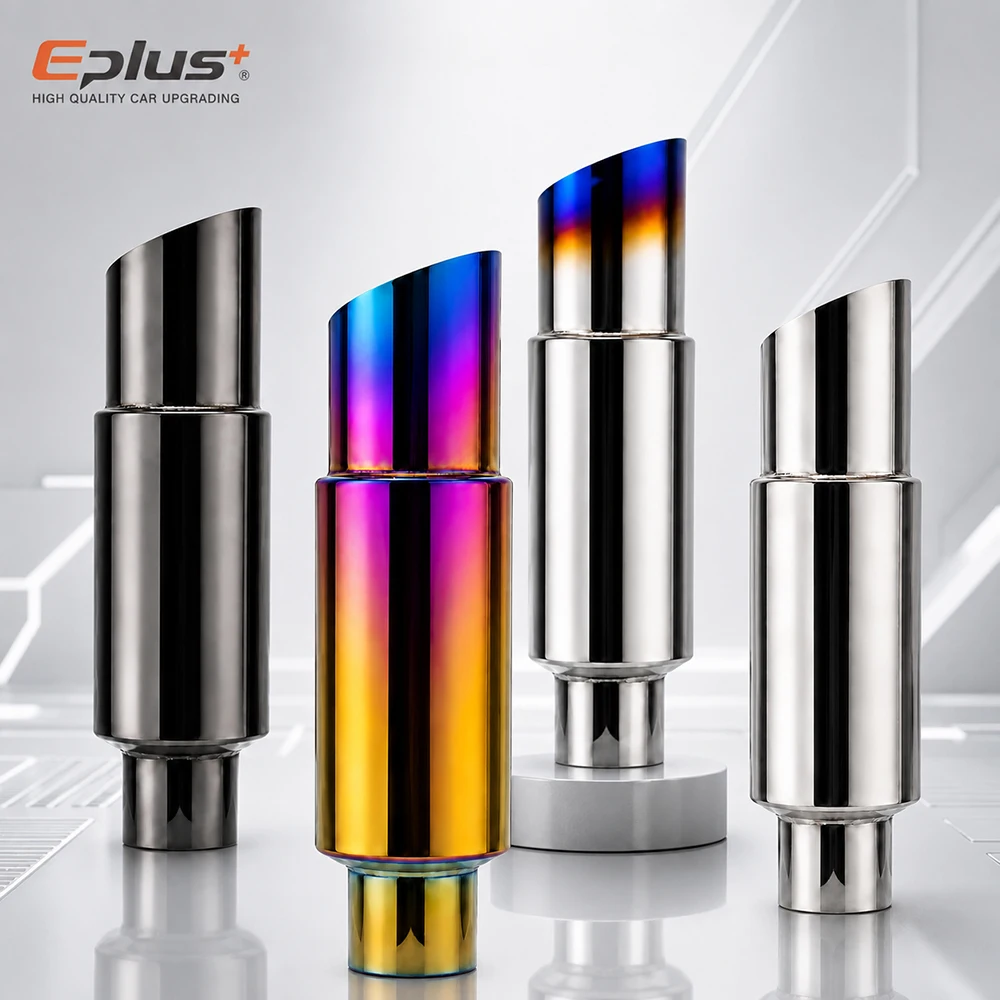EPLUS Universal Stainless Steel Car Exhaust Muffler Slant Cut Tip Car Exhaust Pipe Resonator 4 Colors 51/57/63mm Inlet
