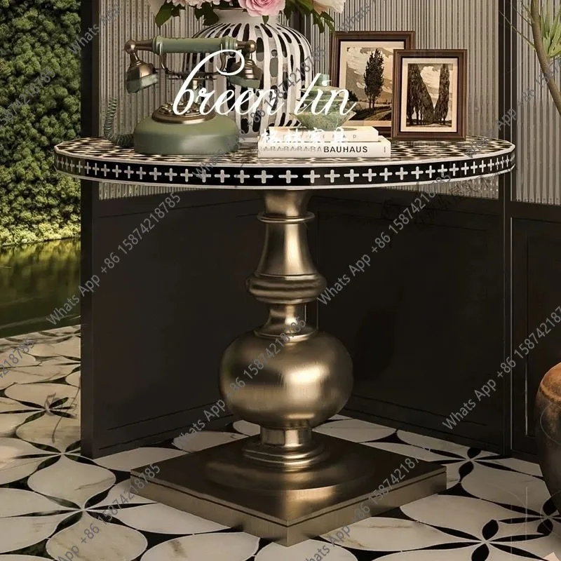 

American retro solid wood round dining table/medieval household small apartment coffee table/French hand-painted table