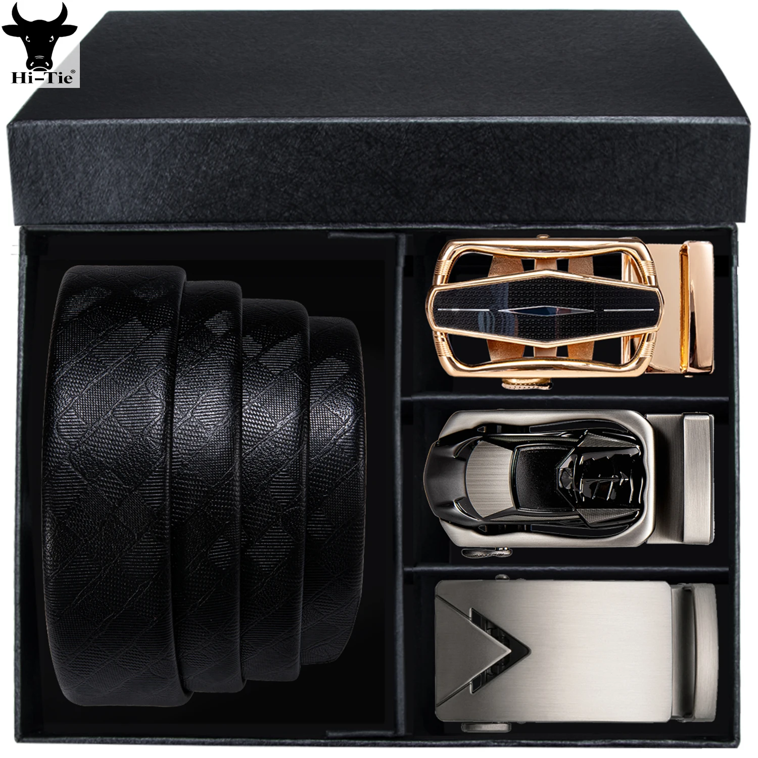 

Hi-Tie Boxed Mens Belts Black Genuine Leather Straps 3 Automatic Buckles Ratchet Waistband for Men Dress Jeans Casual Formal XXL