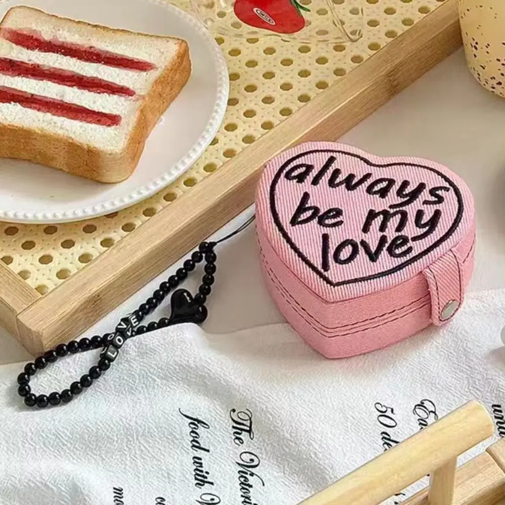 Portable Heart Shaped Jewelry Ring Storage Box Retro Style Embroidered Cosmetic Bag Pure Color With Strap Jewelry Holder Gift
