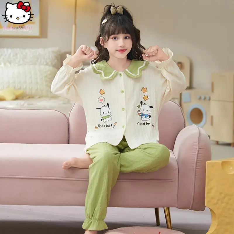 الفتيات الكرتون Pochacco بلايز السراويل منامة مجموعة Kawaii ربيع الخريف جديد أنيمي الجاكار ملابس المنزل الوالدين والطفل قطعتين مجموعة