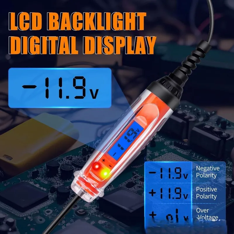 ضوء اختبار السيارات مع جهاز اختبار دائرة الطاقة الرقمية LCD، وعرض جهد التيار المستمر ووظيفة الإضاءة