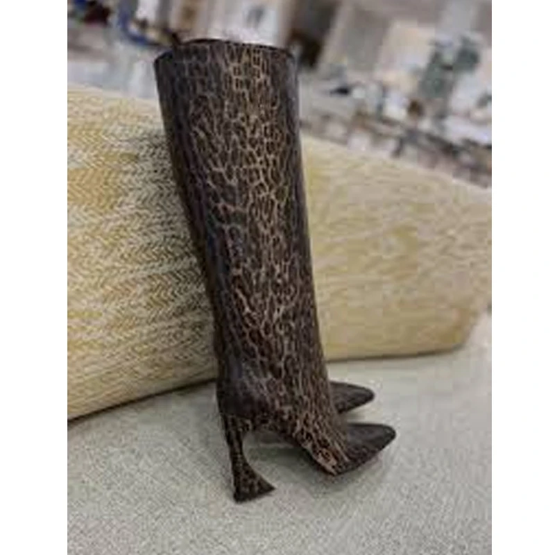 

Leopard Print Pointed Toe Cut-Out Heel Knee High Boots Woman Winter 2026 Brown Textured Shaped Heel Slip-On Fashion Boots