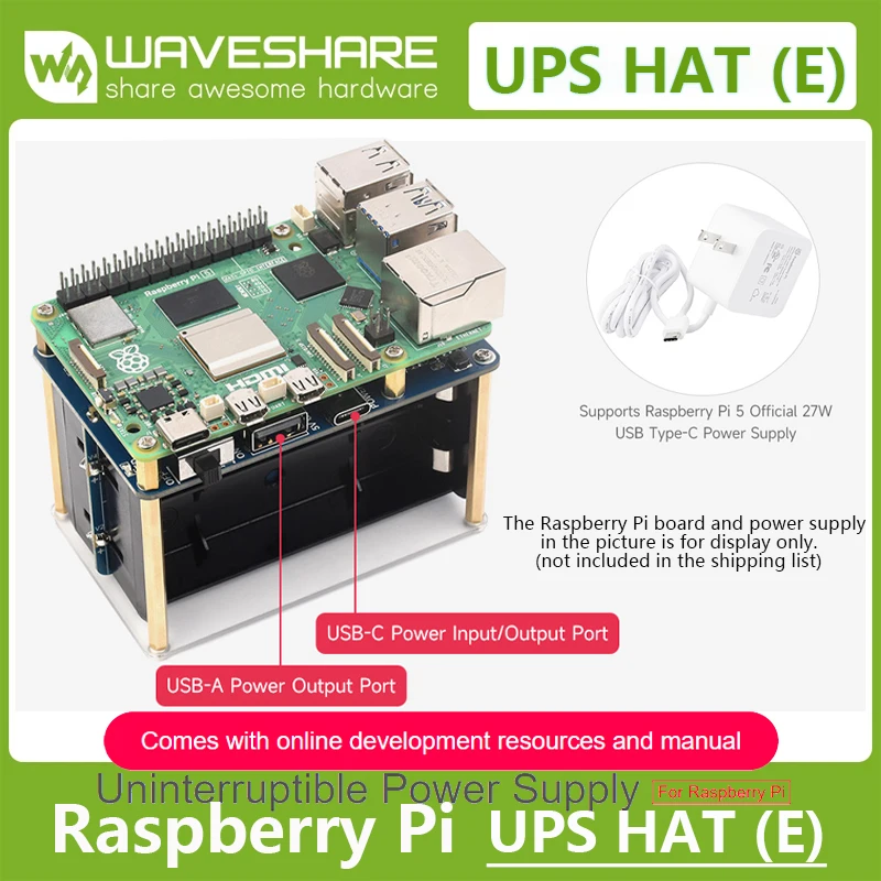 Raspberry Pi 5/4B/3B+ UPS HAT (E) Uninterruptible Power Supply Supports 4×21700 Li batteries (NOT included),5V 6A Output