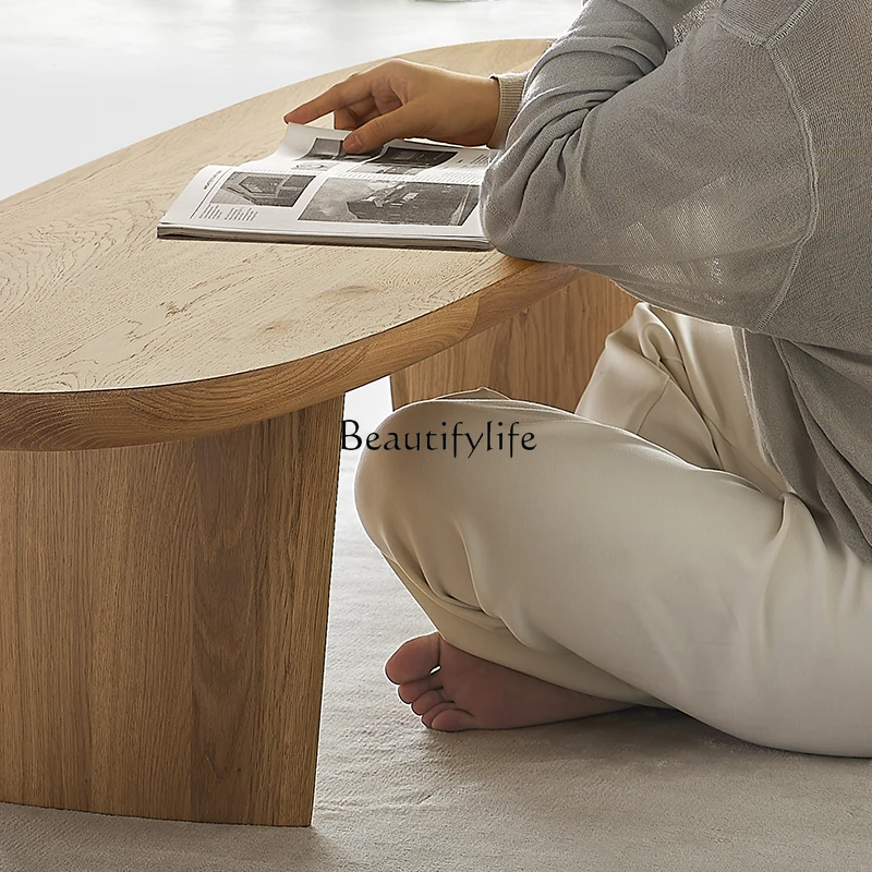 Nordic style white oak minimalist oval solid wood coffee table living room modern simple tea table