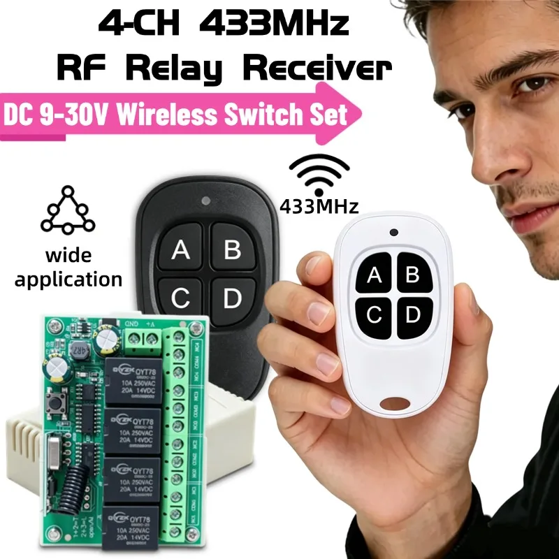 433MHz Universal Wireless Remote Control DC 12V 24V 4CH RF Relay Receiver and Transmitter for Universal Garage Door