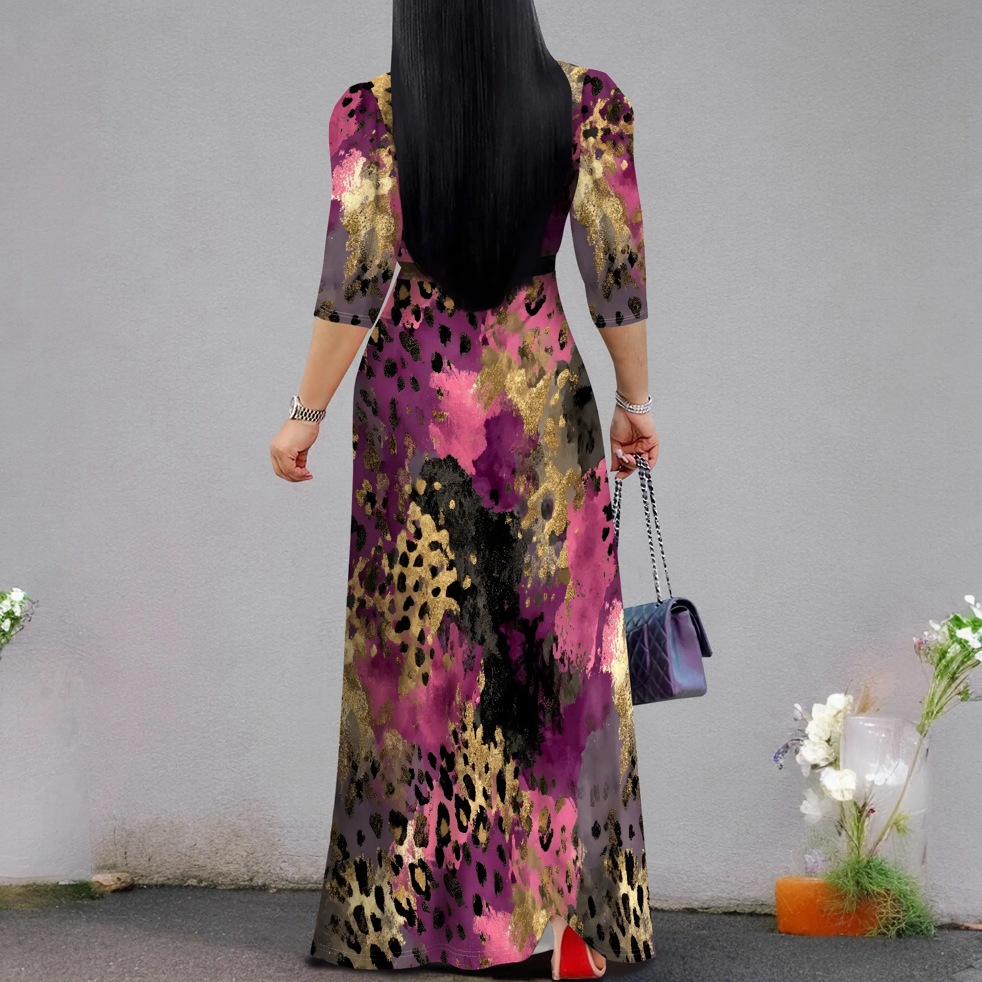 Abiti lunghi da donna con stampa floreale estivi con tasche Abito lungo casual con maniche a 3/4 e scollo a V e cravatta in vita