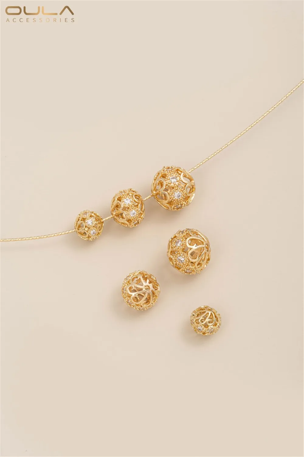 14K Gold-Color Plated Zircon Flower Shaped Bracelet DIY Handmade round Ball Scattered Bead Jewelry