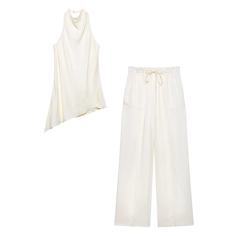 

RAFZNB Drawstring Wide Leg Pants Sets for Women 2 Pieces Fashion Asymmetrical Tops Women's Suit Two Piece Set Women Outfits