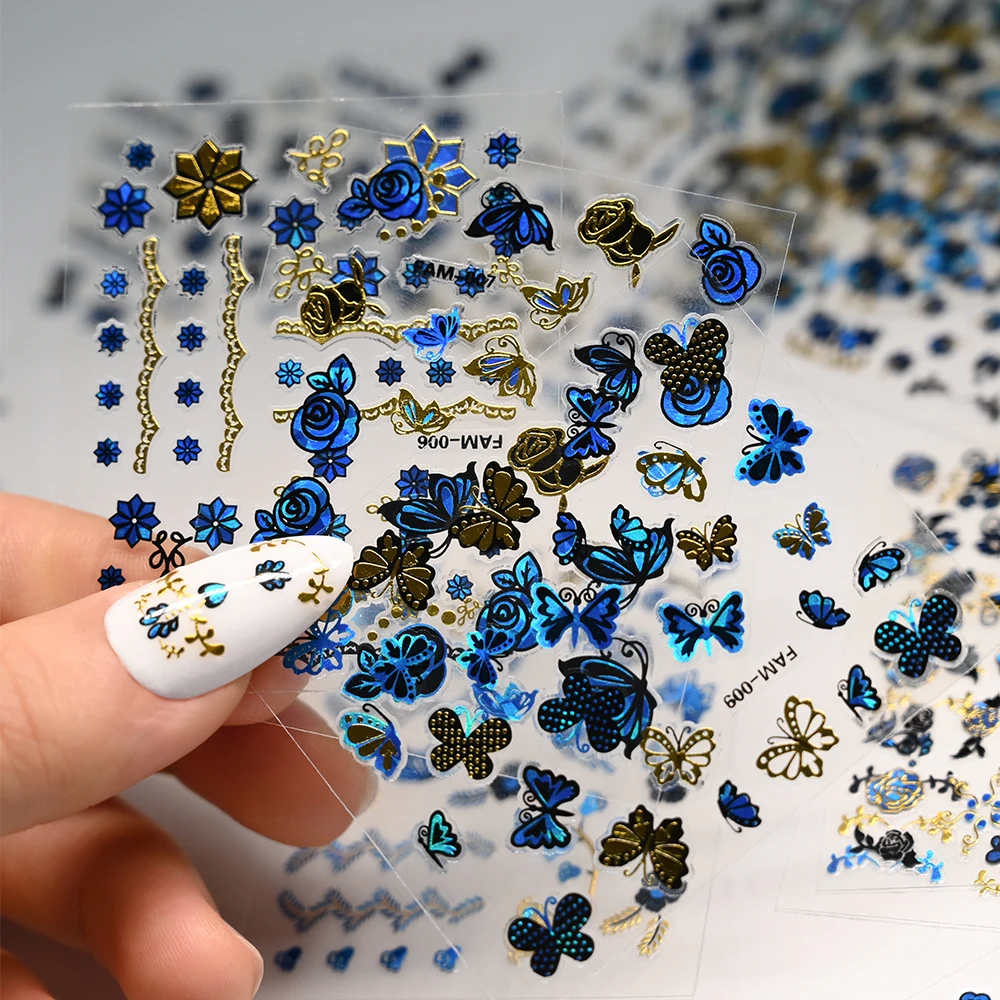 30pcs Klein Blue Butterfly Flowers Nail Art Decals Stickers 3D Retro Glitter Nail Decor Adhesive Sliders Tattoo Manicure Sticker