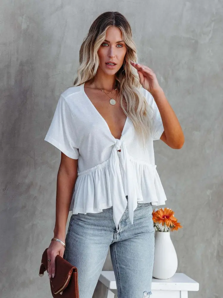 Summer New Women's Casual Top Solid Color Spliced Deep V Sexy Top Loose Short sleeved Tie Bow Ruffle Edge Top