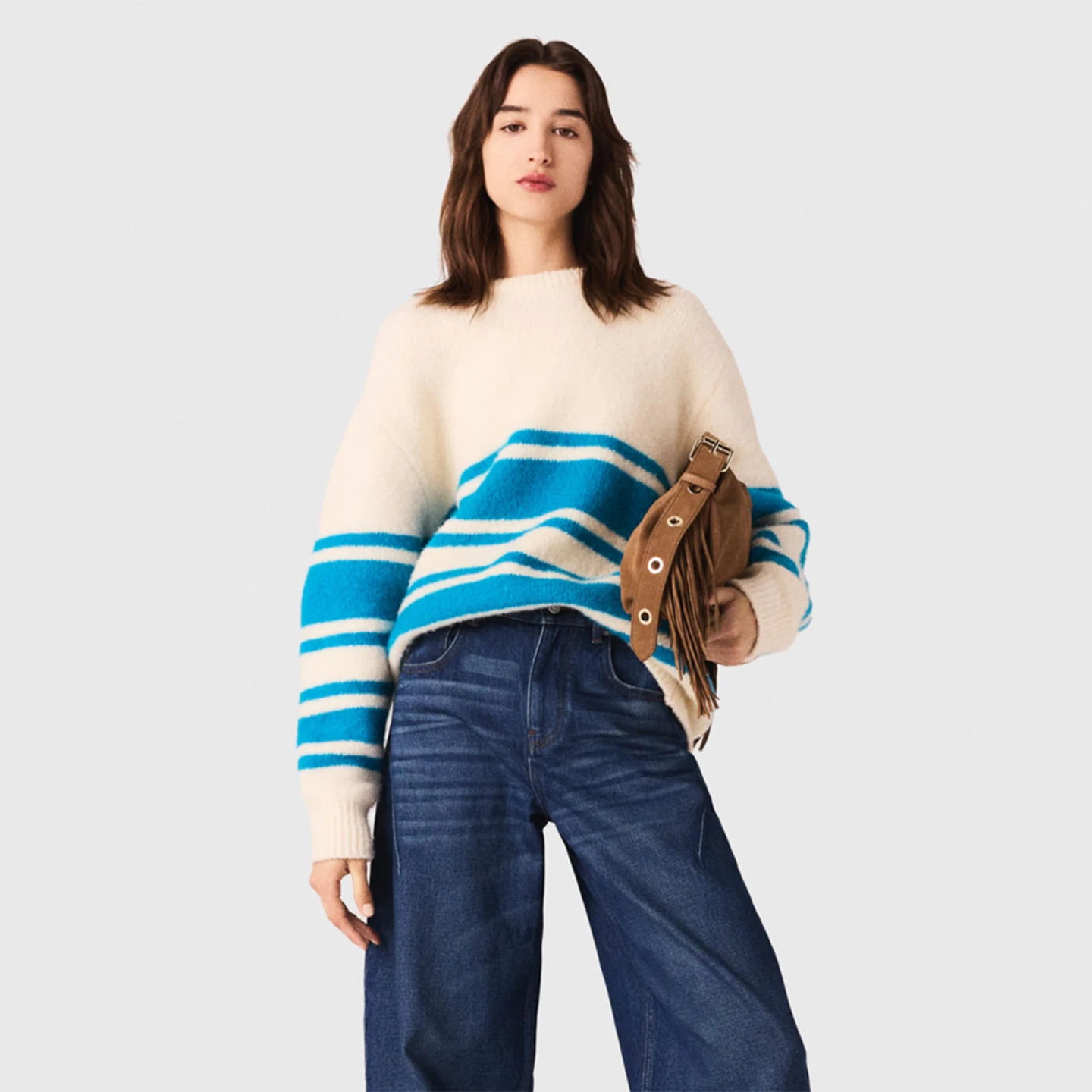 

Faionable Color Blo Широкая полоска Трикотажный круглый топ M Домашний осенне-зимний новый мягкий средний калибр Long Sve Ladies