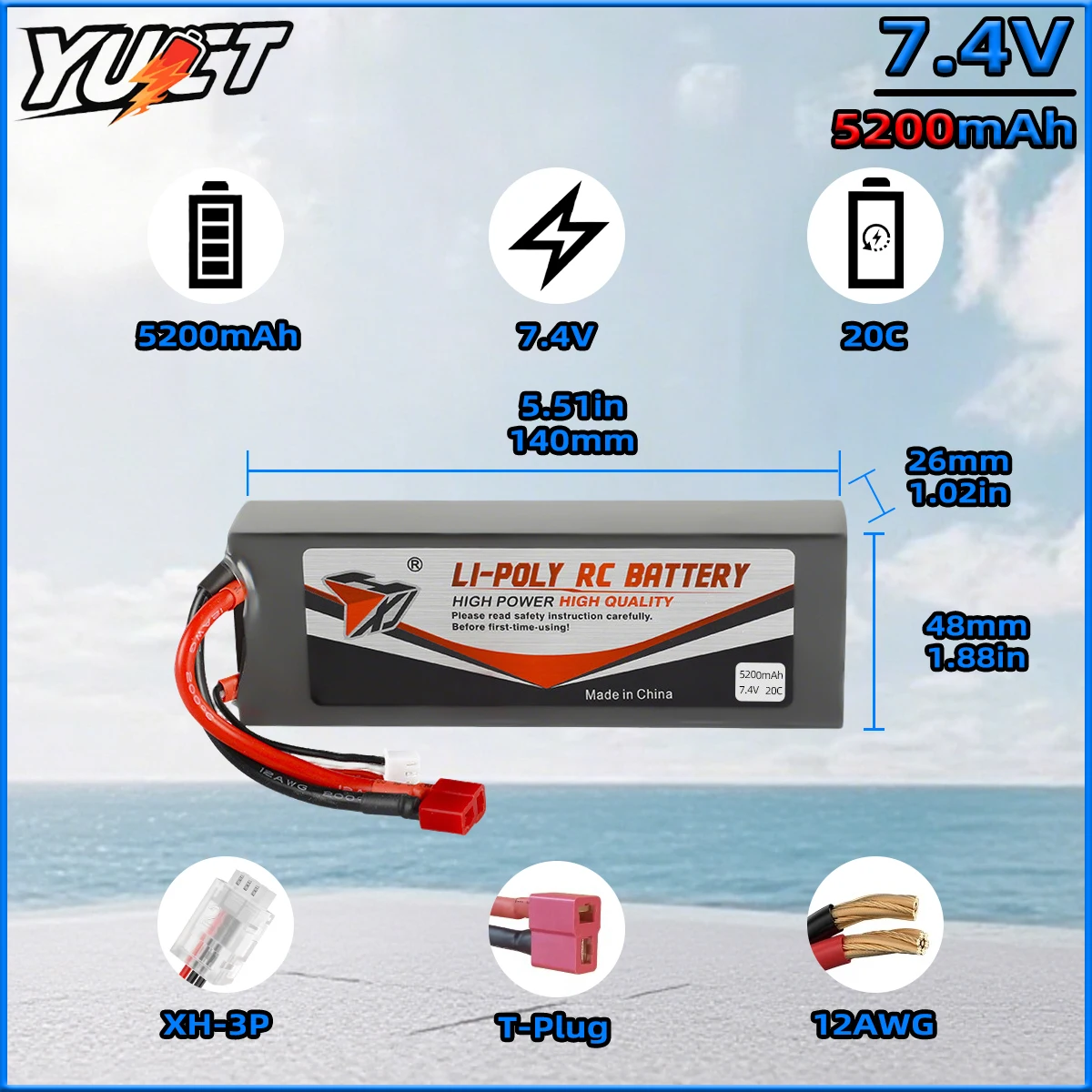 YUCT 7.4V 5200mAh 2S LiPo Battery High-Capacity Upgrade Battery For RC Car Boat Aircraft Models