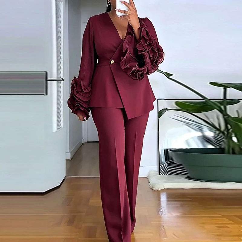 V Neck Flared Sleeve Lace Up Top and Long Pants Two Piece Elegant Solid Color Formal Occasion Outfit Early Autumn Woman Clothing