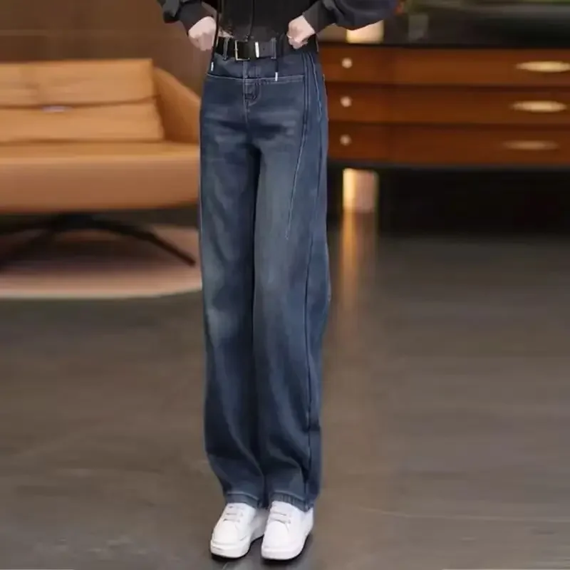 Fleece Lined Curved Jeans Women High Waist Loose Fit Wide Leg Denim Pants Autumn Winter Streetwear New Chic Cozy Trendy Trousers