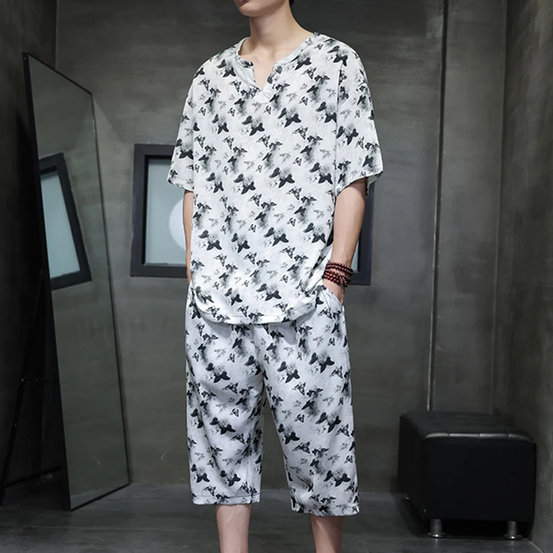 2025 Summer Two-piece Set Ice Silk Short Sleeved Men's Sets Retro Print Loose Casual V-neck T-shirts+shorts Social Streetwear