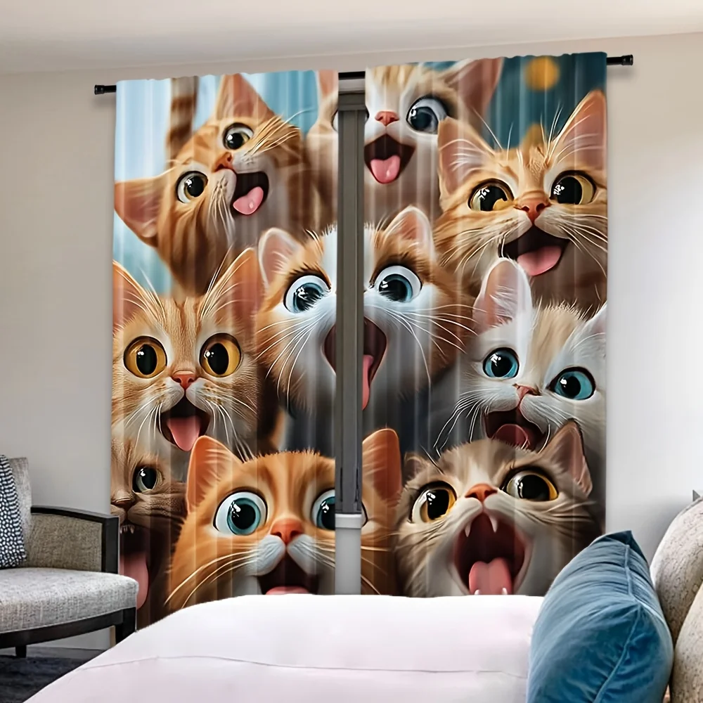 Funny Cat Faces Collage Curtain, Cute Kitten Expression Pattern Drape, Cartoon Animal Window Treatment for Kids Bedroom Living