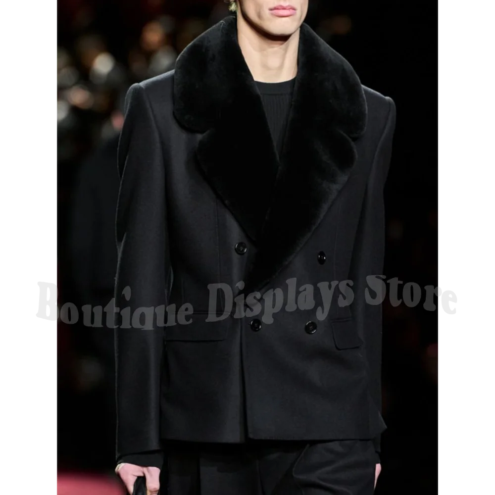 Luxurious Feathers Black Suit Two Pieces Double Breasted Elegant Man Set High Quality Model Show Banuqet Prom Formal Outfit