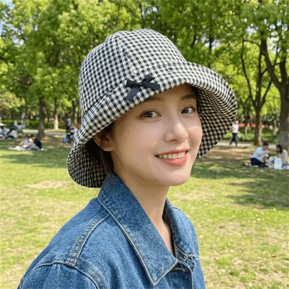 Stylish Black Bowknot Plaid Bucket Hat Casual Gingham Check Wide Brim Sun Hat Versatile Dome Basin Fisherman Hat Vacation